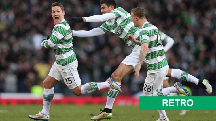 Celtic's English midfielder Kris Commons celebrates after he scores during the Scottish League Cup Semi-Final football match between Celtic and Ran...