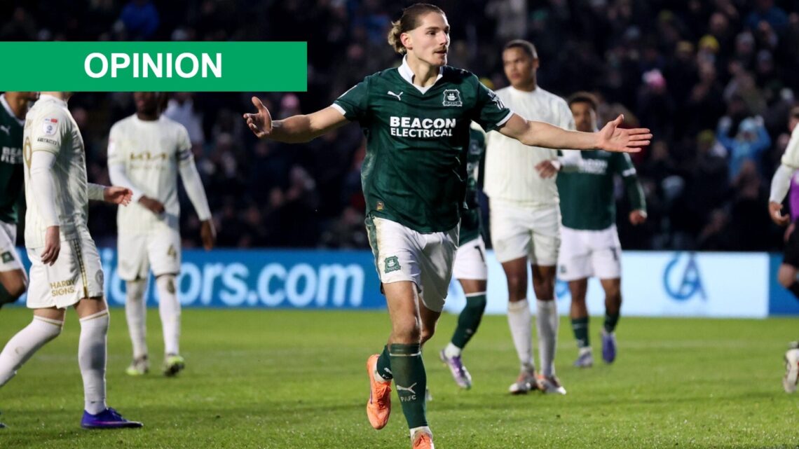 Lorent Tolaj of Plymouth Argyle celebrates scoring from the penalty spot to make it 3-0 during the Sky Bet League One match between Plymouth Argyle...