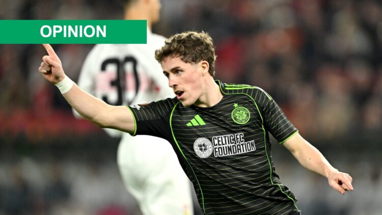 Luke McCowan of Celtic celebrates scoring his team's first goal the UEFA Europa League 2025/26 Knockout Play-off Second Leg match between VfB Stutt...