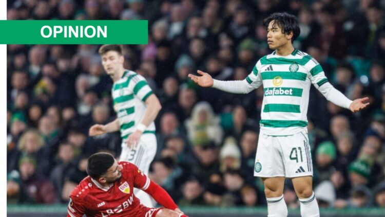 Reo Hatate protests a foul given against him during the Europa League clash between Celtic and Stuttgart