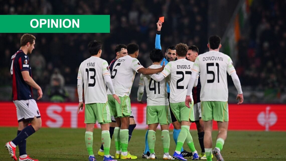 Referee Vasileios Fotias shows the red card to Reo Hatate of Celtic FC during the UEFA Europa League 2025/26 League Phase MD7 match between Bologna...