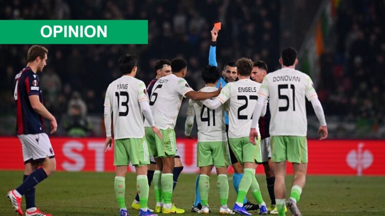 Referee Vasileios Fotias shows the red card to Reo Hatate of Celtic FC during the UEFA Europa League 2025/26 League Phase MD7 match between Bologna...