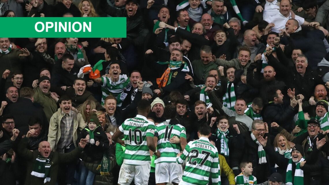 Celtic fans celebrate the winning goal of Scott Sinclair of Celtic during the Rangers v Celtic Ladbrokes Scottish Premiership match at Ibrox Stadiu...