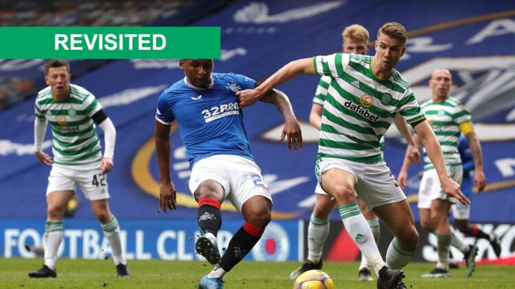 Alfredo Morelos of Rangers shoots under pressure from Kristoffer Ajer of Celtic during the Scottish Cup game between Rangers and Celtic at Ibrox St...
