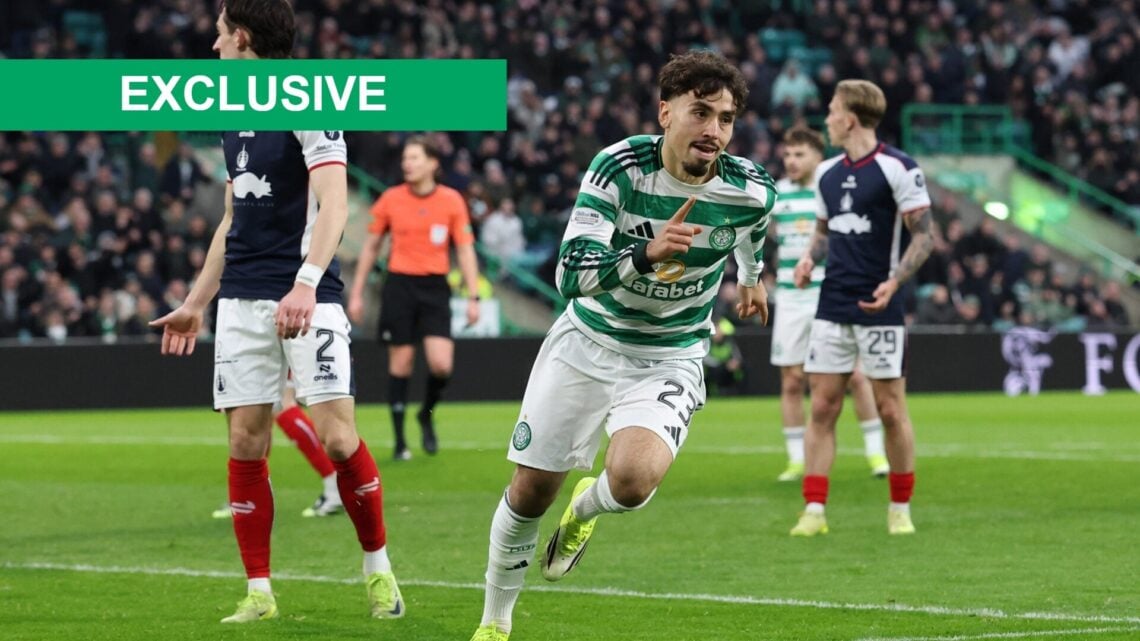 Celtic winger Sebastian Tounekti wheels away after scoring for Celtic vs Falkirk just before it was ruled offside.