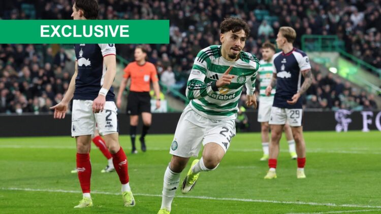 Celtic winger Sebastian Tounekti wheels away after scoring for Celtic vs Falkirk just before it was ruled offside.
