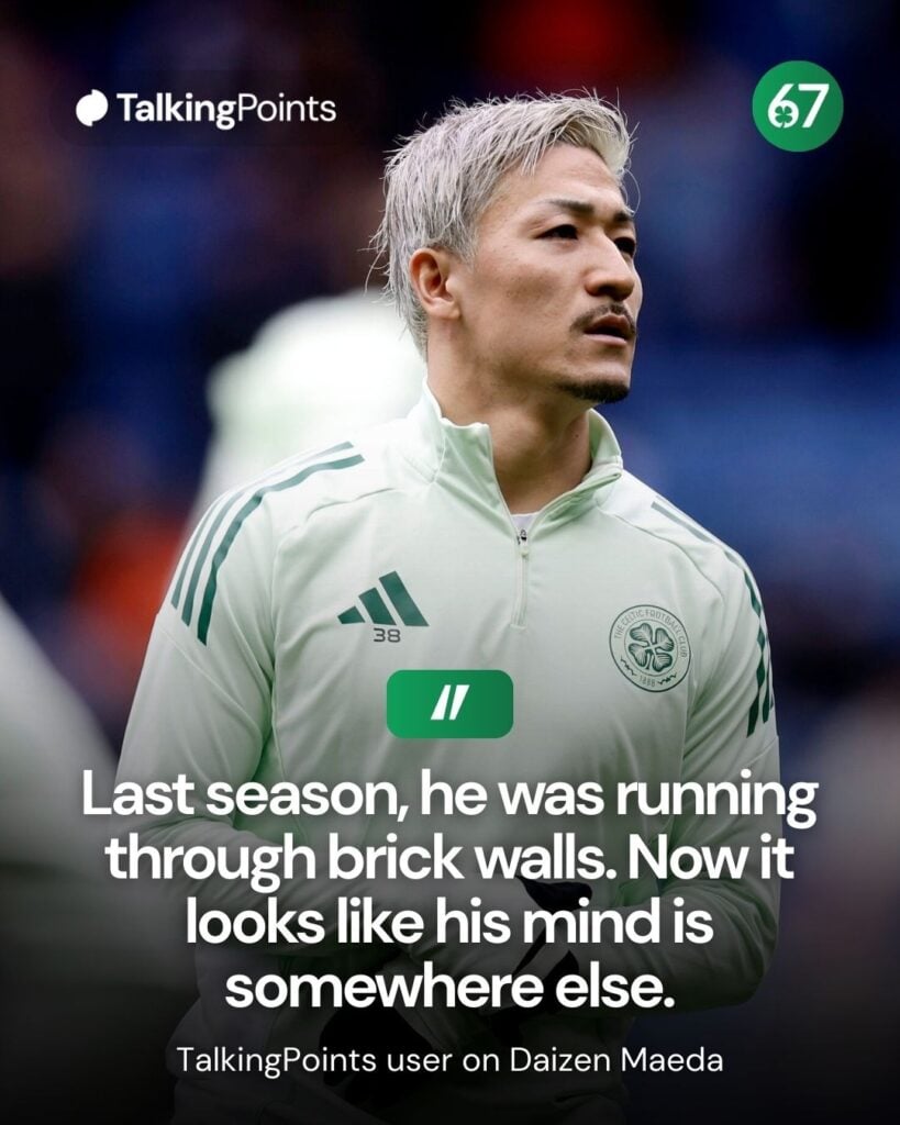 Daizen Maeda of Celtic warms up prior to the William Hill Premiership match between Rangers and Celtic at Ibrox