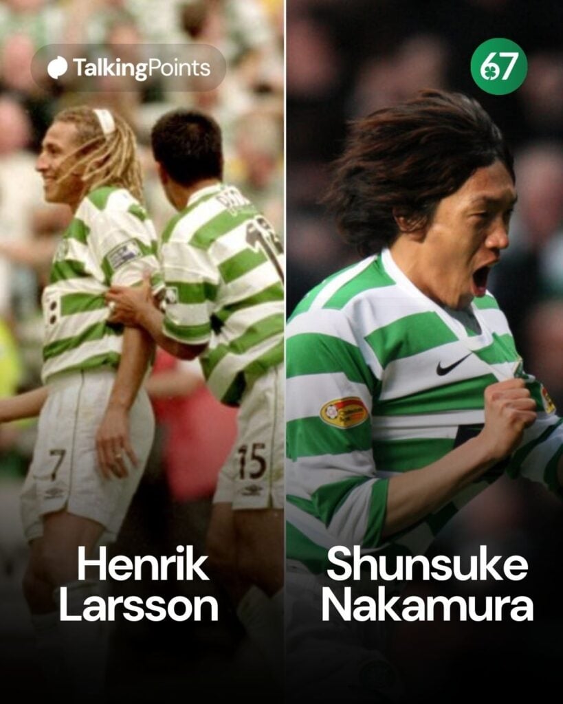 Henrik Larsson celebrates his goal against Rangers in 2000, Shunsuke Nakamura celebrates his goal against Rangers in 2008