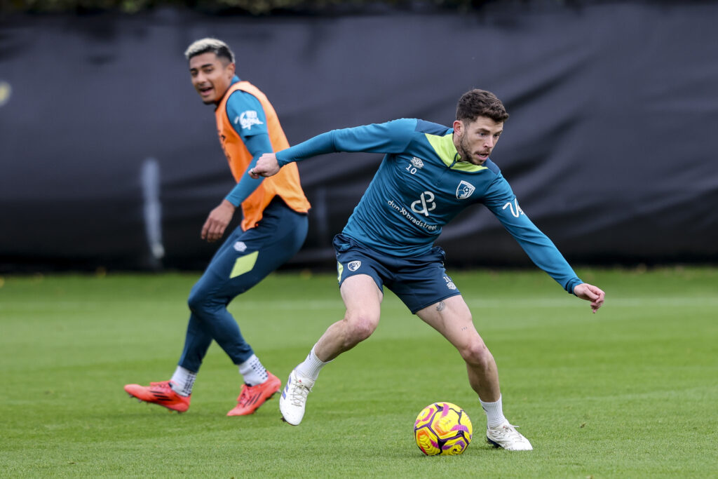 Julian Araujo andRyan Christie of Bournemouth during a training session at Vitality Stadium