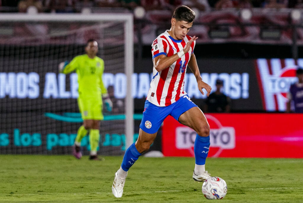 Damián Bobadilla of Paraguay runs with the ball during the FIFA World Cup 2026 Qualifiers match between Paraguay and Chile
