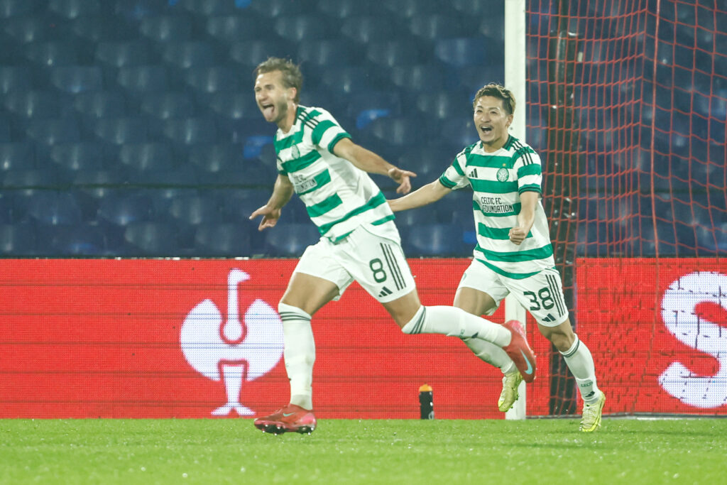Benjamin Nygren celebrates scoring for Celtic FC against Feyenoord in the UEFA Europa League 2025/26 League Phase MD5,