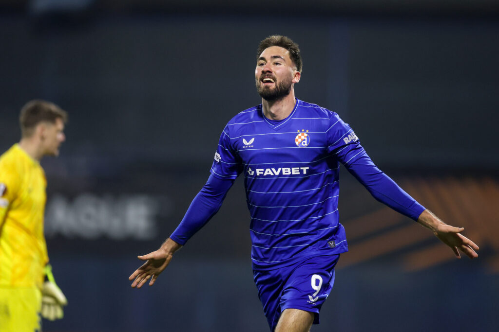 Dion Drena Beljo of Dinamo celebrates after his second goal for the team during the UEFA Europa League 2025/26 League Phase MD7 match between GNK Dinamo and Fotbal Club FCSB