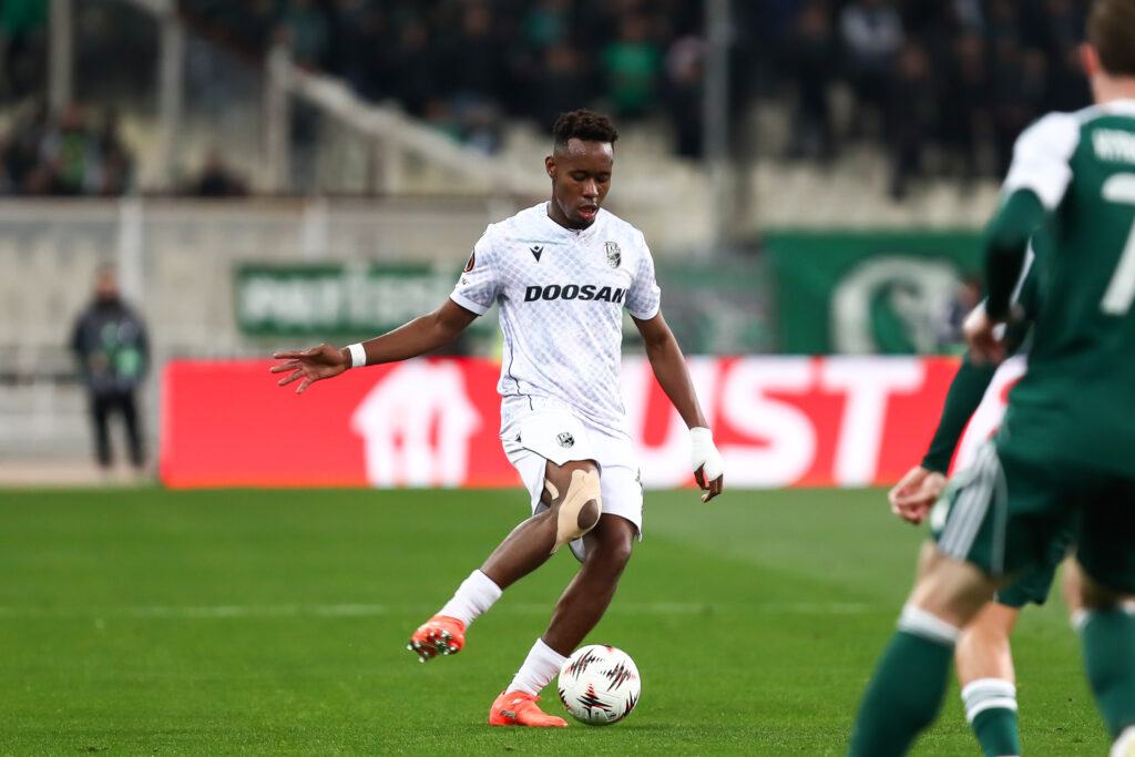 Sampson Dweh of Viktoria Plzen is in action during the UEFA Europa League play-offs 1st leg game between Panathinaikos and Viktoria Plzen
