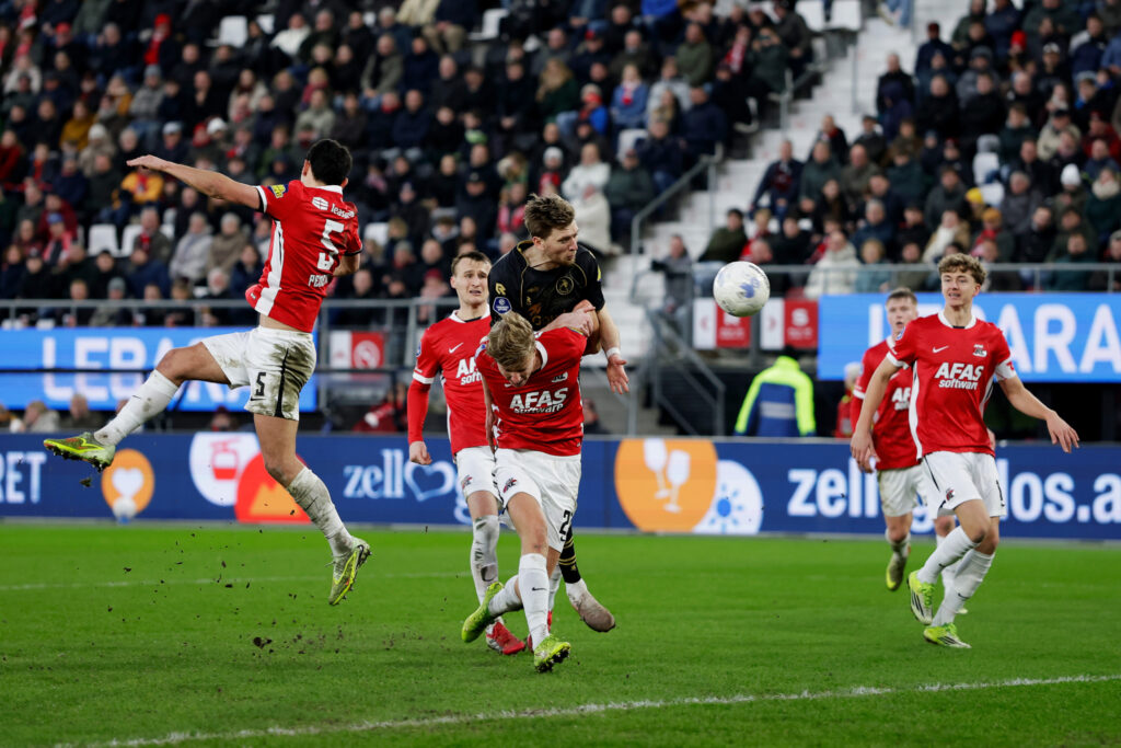 Tobias Lauritsen of Sparta Rotterdam competes for a header during the Eredivisie match against AZ Alkmaar