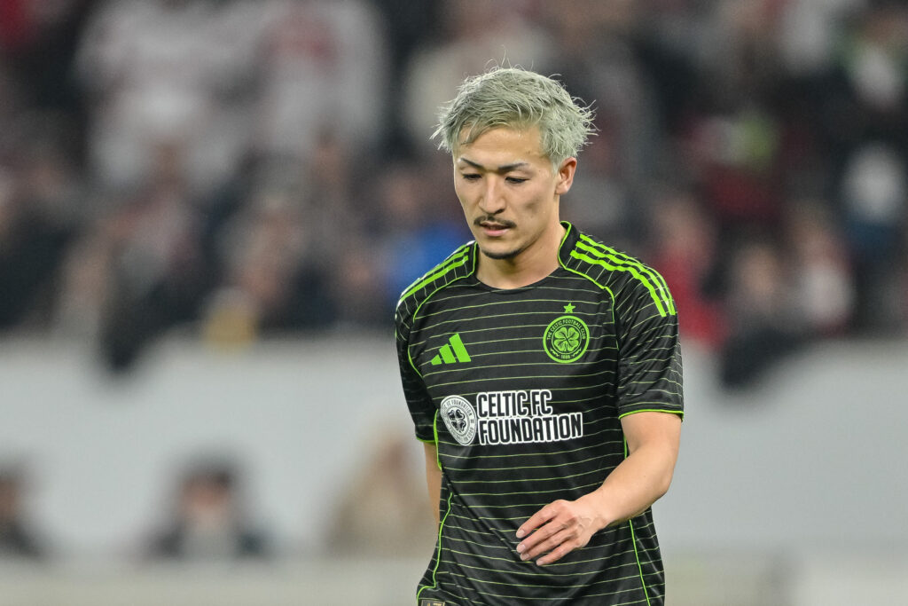 Daizen Maeda of Celtic FC looks dejected during the UEFA Europa League 2025/26 Knockout Play-off Second Leg match between VfB Stuttgart and Celtic FC