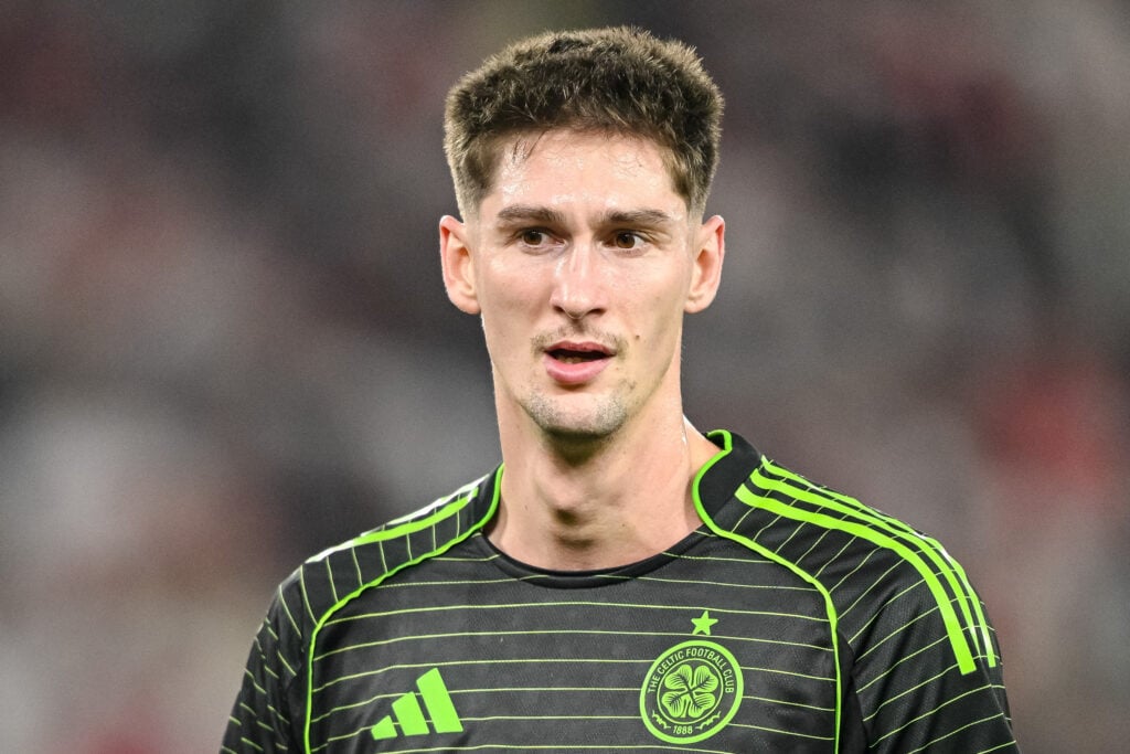 Tomas Cvancara of Celtic FC looks on during the UEFA Europa League 2025/26 Knockout Play-off Second Leg match between VfB Stuttgart and Celtic FC
