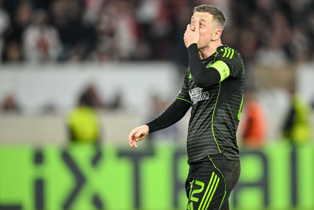 Callum McGregor of Celtic FC gestures, looks dejected during the UEFA Europa League 2025/26 Knockout Play-off Second Leg match between VfB Stuttgart and Celtic FC