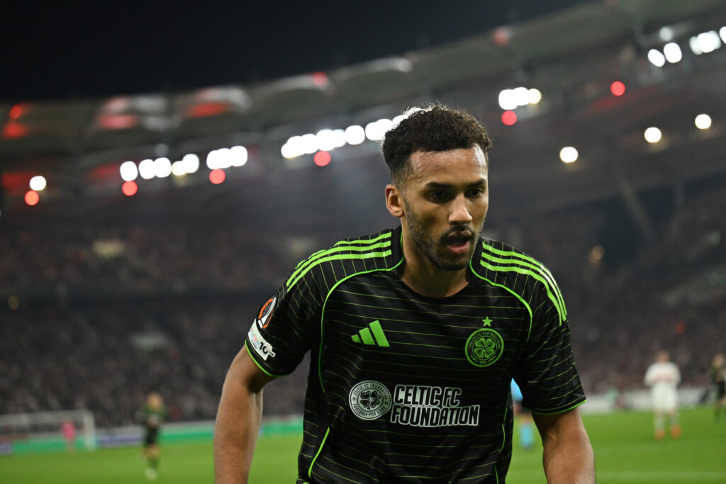 Auston Trusty of Celtic FC looks on during the UEFA Europa League 2025/26 Knockout Play-off Second Leg match between VfB Stuttgart and Celtic FC
