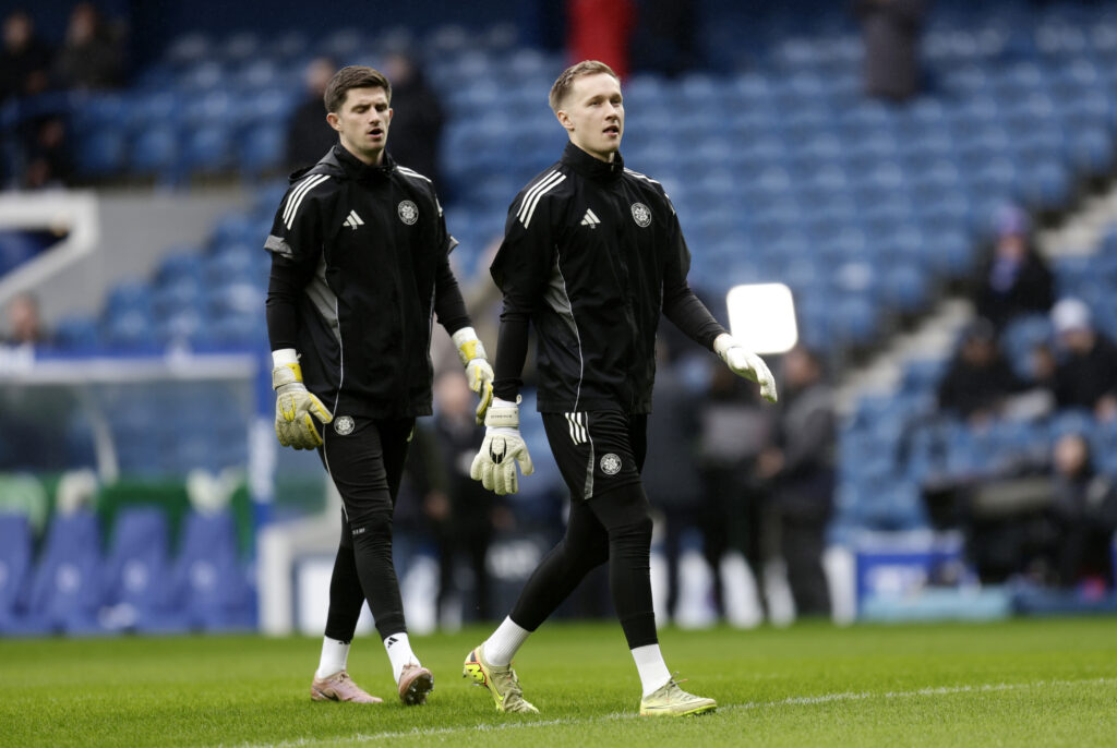 Ross Doohan (L) and Viljami Sinisalo of Celtic warm up prior to the William Hill Premiership match between Rangers and Celtic