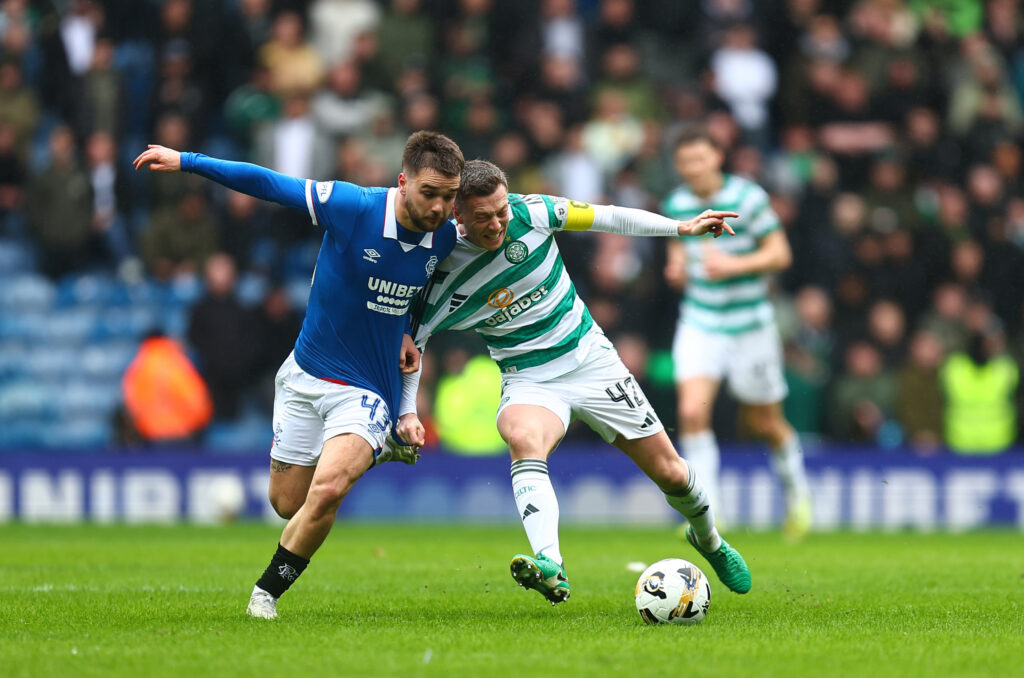 Nicolas Raskin of Rangers and Callum McGregor of Celtic battle for possession during the William Hill Premiership match between Rangers and Celtic