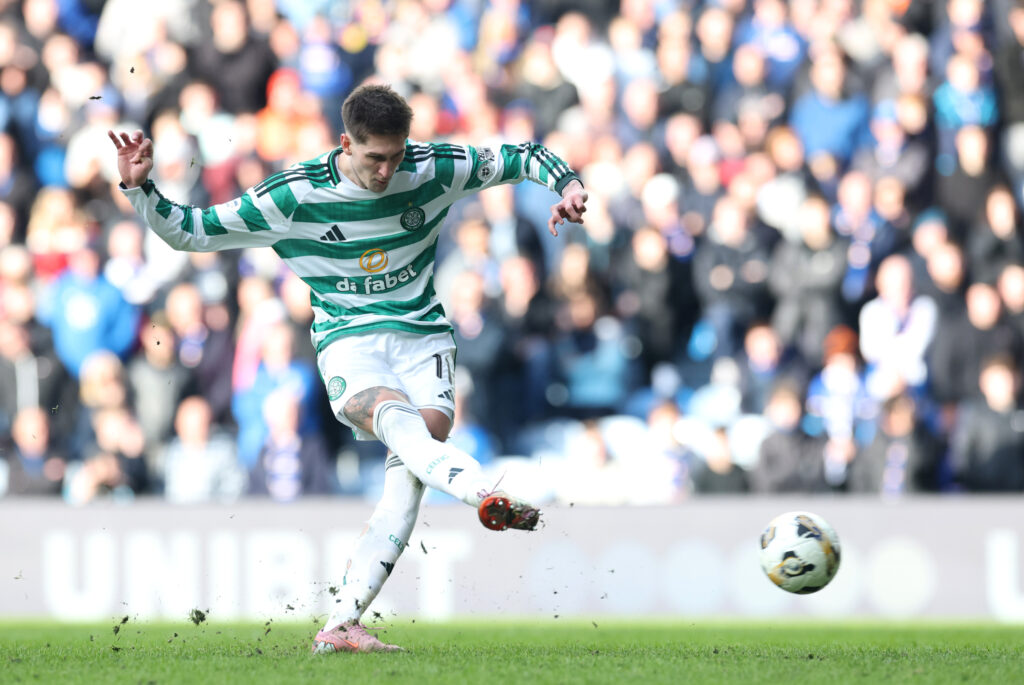 Tomas Cvancara of Celtic celebrates scoring the team's fourth and winning penalty in the penalty shoot out during the Scottish Gas Scottish Cup Quarter Final match between Rangers and Celtic