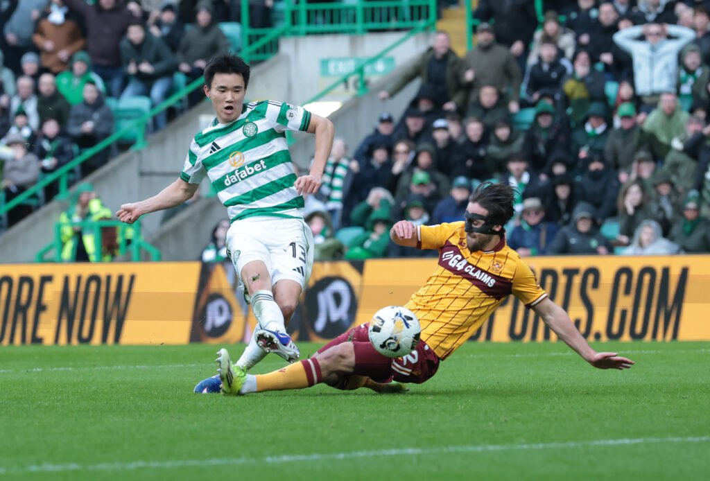 Hyunjun Yang scores for Celtic v Motherwell against in the William Hill Premiership.