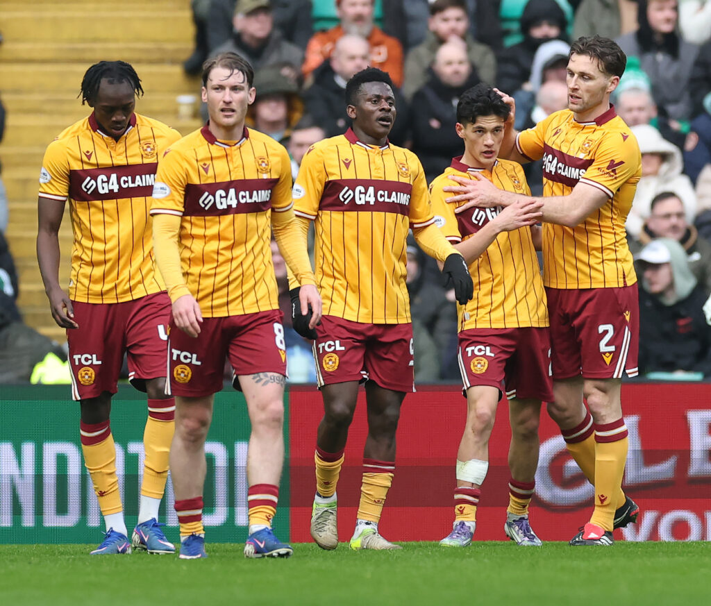 Elijah Just of Motherwell celebrates scoring his team's opening goal during the William Hill Premiership match between Celtic and Motherwell