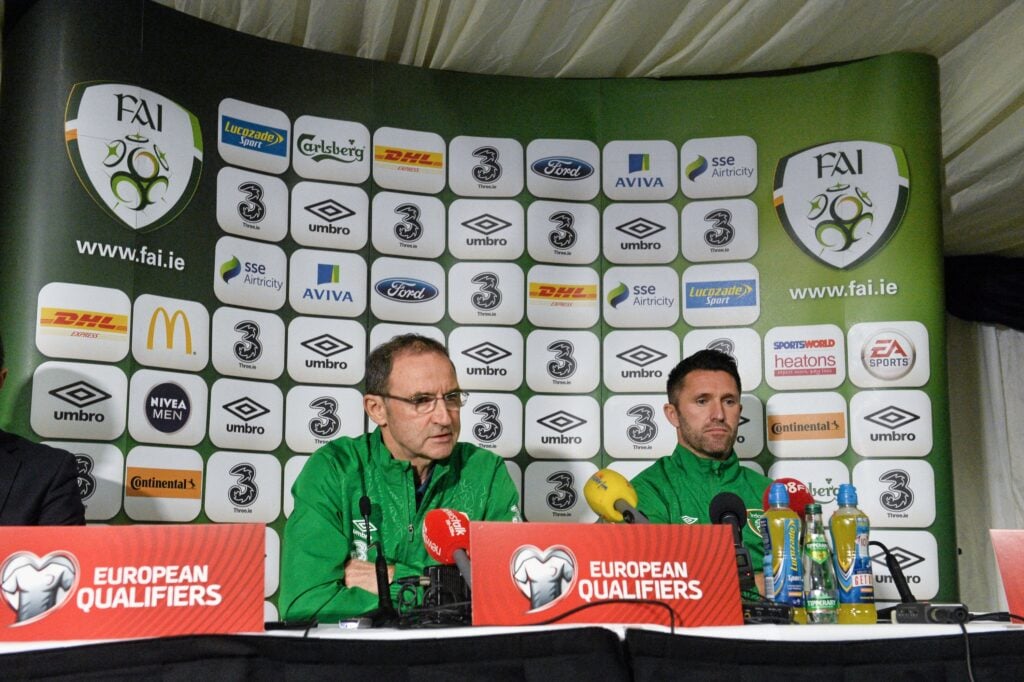 Republic of Ireland manager Martin O'Neill, left, Robbie Keane speaking to the press ahead of their UEFA EURO 2016 Championship Qualifer Group D game against Scotland