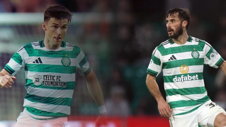 Kieran Tierney and Marcelo Saracchi both in action for Celtic in the Scottish Premiership