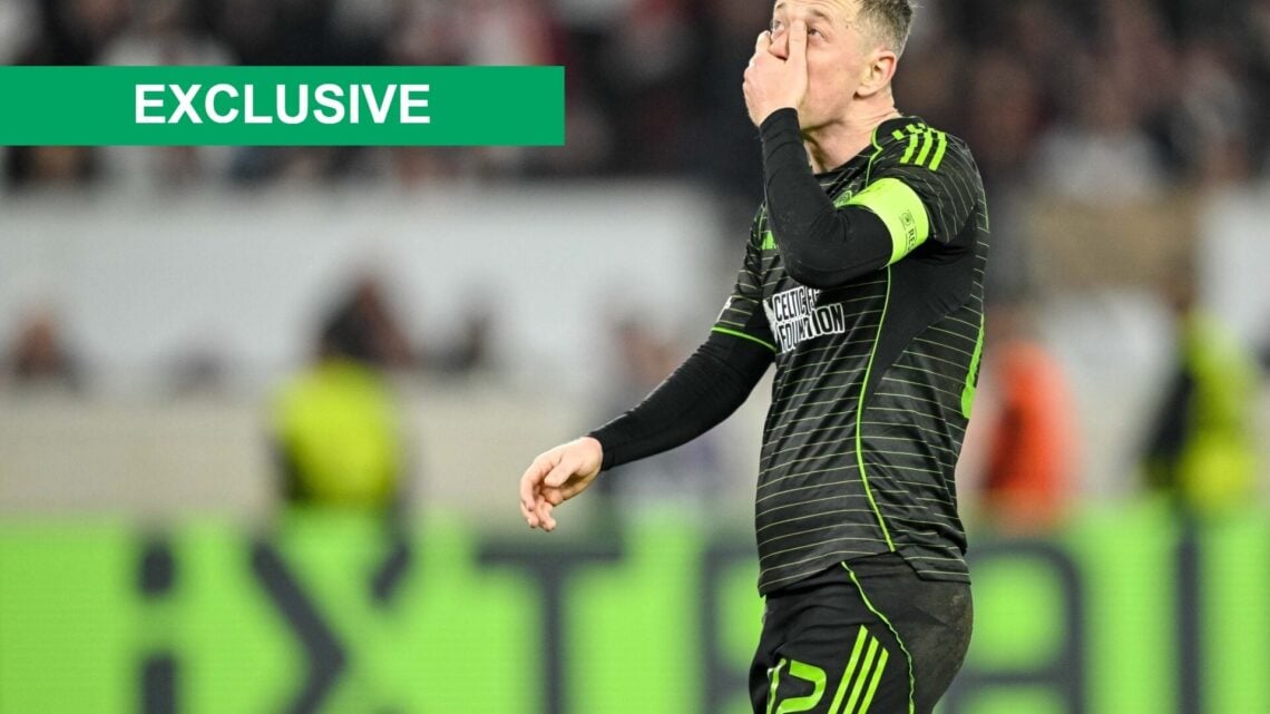 Callum McGregor of Celtic FC gestures, looks dejected during the UEFA Europa League 2025/26 Knockout Play-off Second Leg match between VfB Stuttgar...