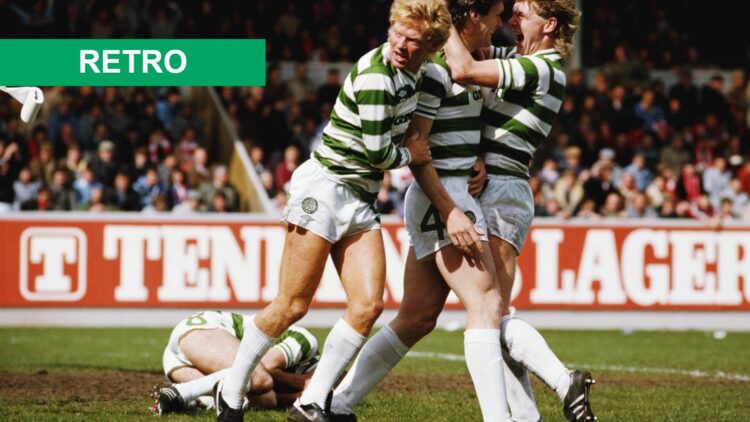 Celtic goalscorer Roy Aitken (c) is congratulated by Mo Johnston (l) and Peter Grant