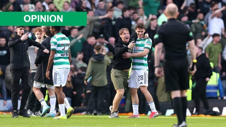 Paulo Bernardo of Celtic poses for a selfie with a fan following the teams victory in the Scottish Gas Scottish Cup Quarter Final match between Ran...