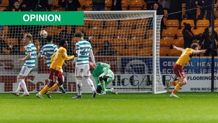 Elliot Watt of Motherwell celebrates scoring Motherwell's second goal of the game during the Premier League match between Motherwell and Celtic