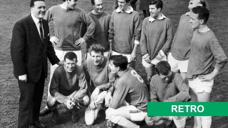 Jock Stein and players laughing during a Celtic training session in 1965