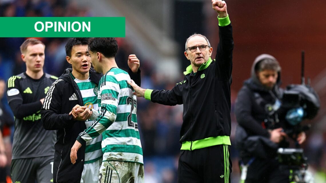 Martin O'Neill, Interim Manager of Celtic acknowledges the fans following his team's draw in the William Hill Premiership match between Rangers and...