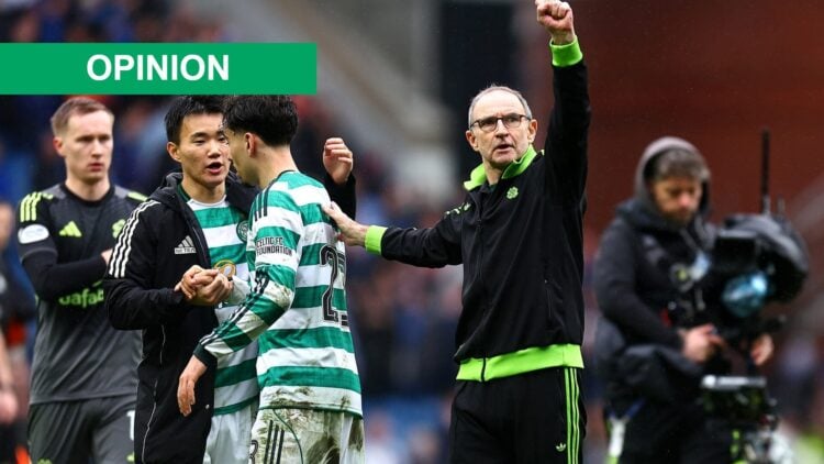 Martin O'Neill, Interim Manager of Celtic acknowledges the fans following his team's draw in the William Hill Premiership match between Rangers and...