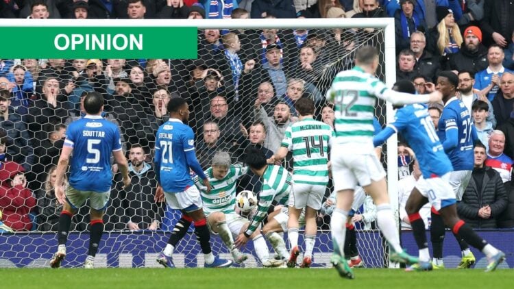 Reo Hatate of Celtic scores his team's second goal from a rebound after his penalty kick was saved by Jack Butland of Rangers