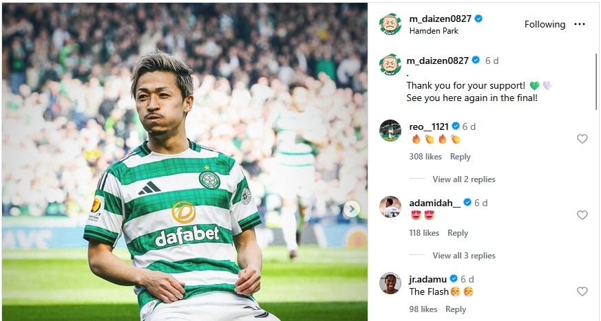 Junior Adamu labels Daizen Maeda 'The Flash' after Celtic beat St Mirren in the Scottish Cup.