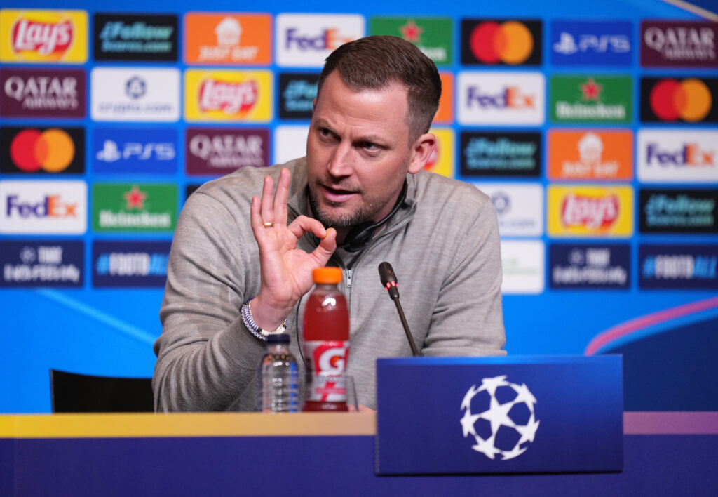 Jacob Neestrup, Head Coach of F.C. Copenhagen, speaks to the media in a post match press conference following the UEFA Champions League 2025/26 League Phase MD8 match between FC Barcelona and F.C. Copenhagen at Camp Nou on January 28, 2026