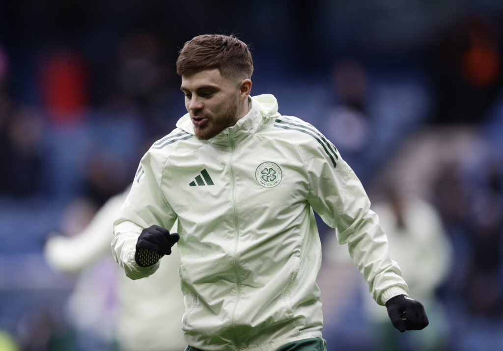 James Forrest of Celtic warms up prior to the William Hill Premiership match between Rangers and Celtic