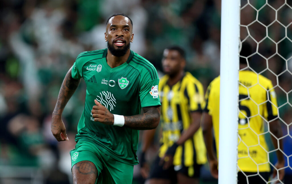 Ivan Toney of Al Ahli celebrates scoring his team's first goal during the Saudi Pro League match between Al Ahli and Al Ittihad