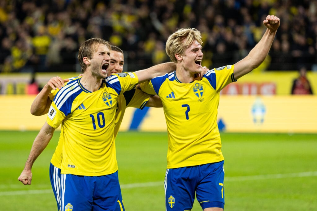 Benjamin Nygren of Sweden celebrates with teammates Gustaf Lagerbielke and Lucas Bergvall after the FIFA World Cup 2026 European Qualifiers KO
