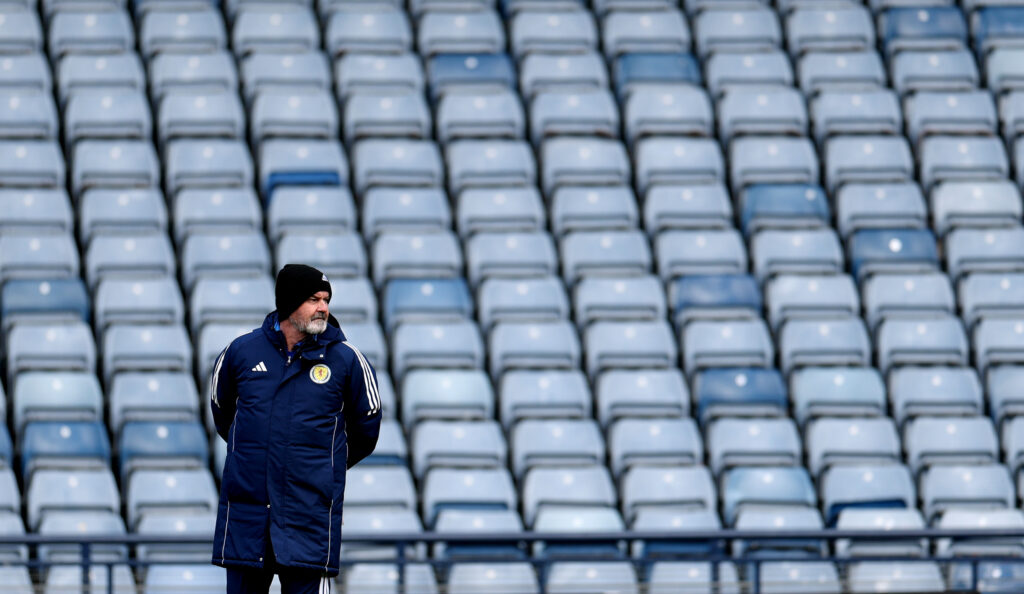 Scotland's head coach Steve Clarke looks on during a team training session at Hampden Park