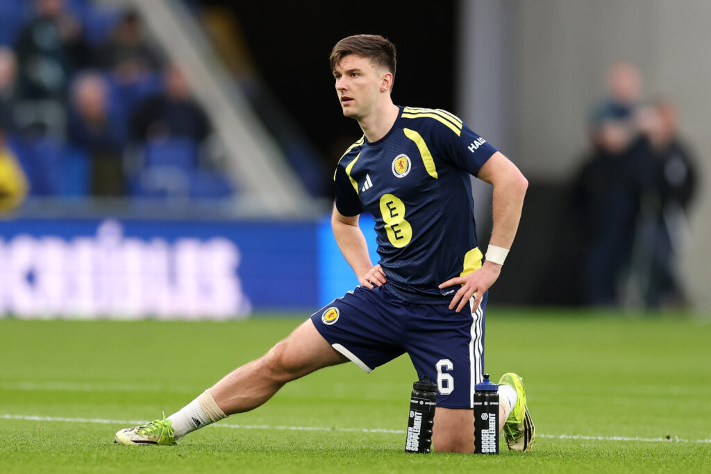 Kieran Tierney of Scotland warms up prior to an international friendly match between Scotland and Ivory Coast