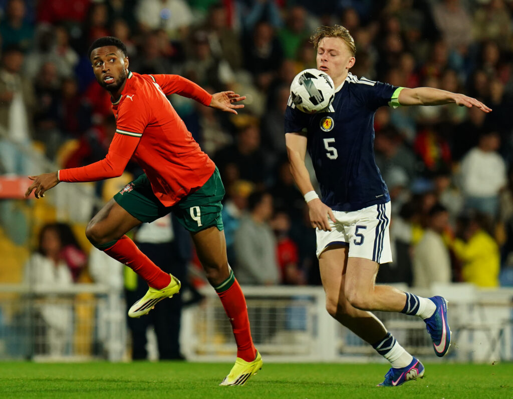 Luke Graham of Scotland with Youssef Chermiti of Portugal in action during the UEFA U21 EURO 2027 Qualifier match between Portugal and Scotland