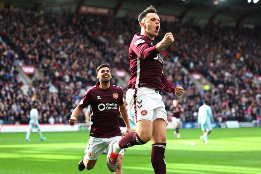 Lawrence Shankland of Heart of Midlothian celebrates scoring his team's second goal during the William Hill Premiership match between Heart of Midlothian and Motherwell