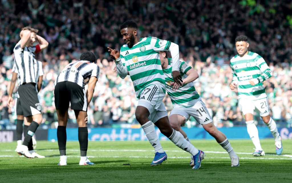 Kelechi Iheanacho of Celtic celebrates scoring his team's fifth goal during the Scottish Cup Semi Final match between Celtic and St Mirren