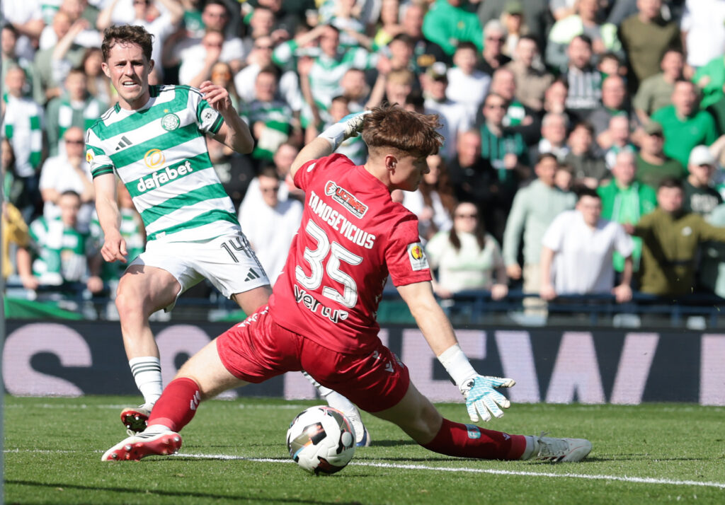 Luke McCowan of Celtic scores his team's fourth goal during the Scottish Cup Semi Final match between Celtic and St Mirren