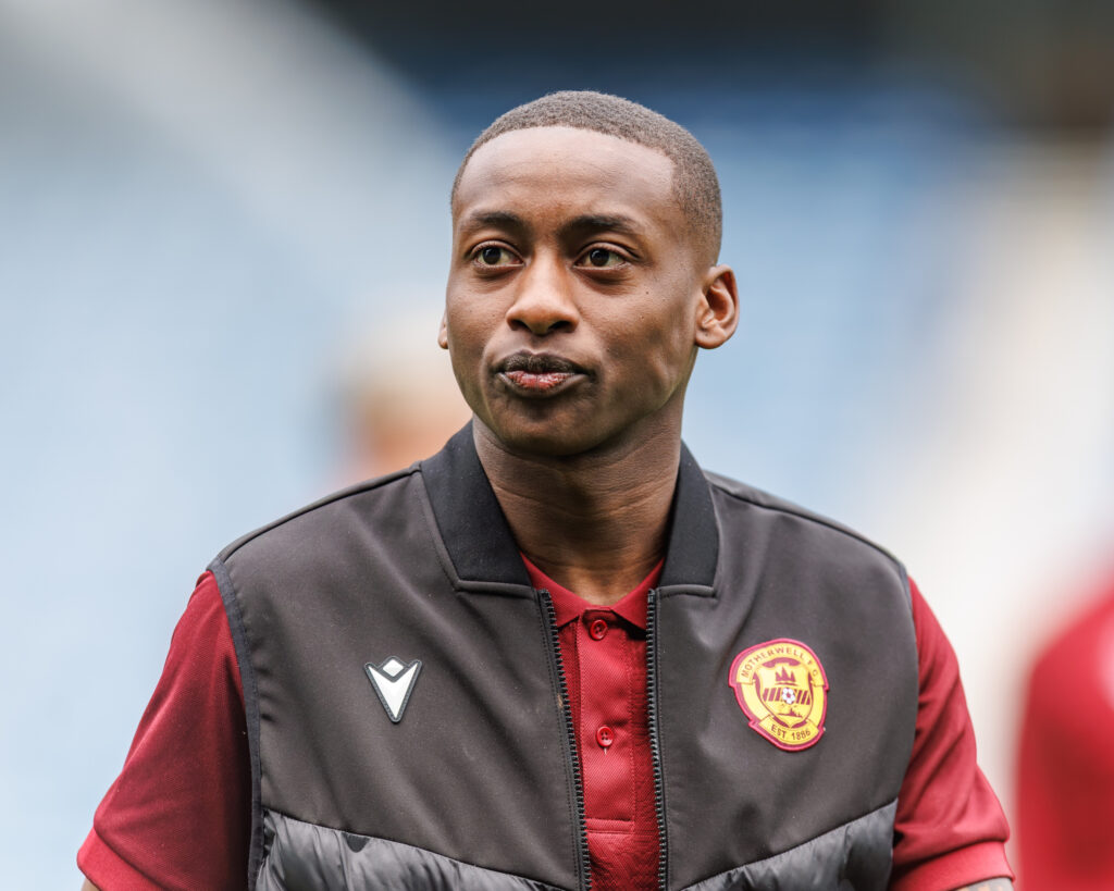 Tawanda Maswanhise of Motherwell on the pitch ahead of kick off during the William Hill Premiership match between Rangers and Motherwell