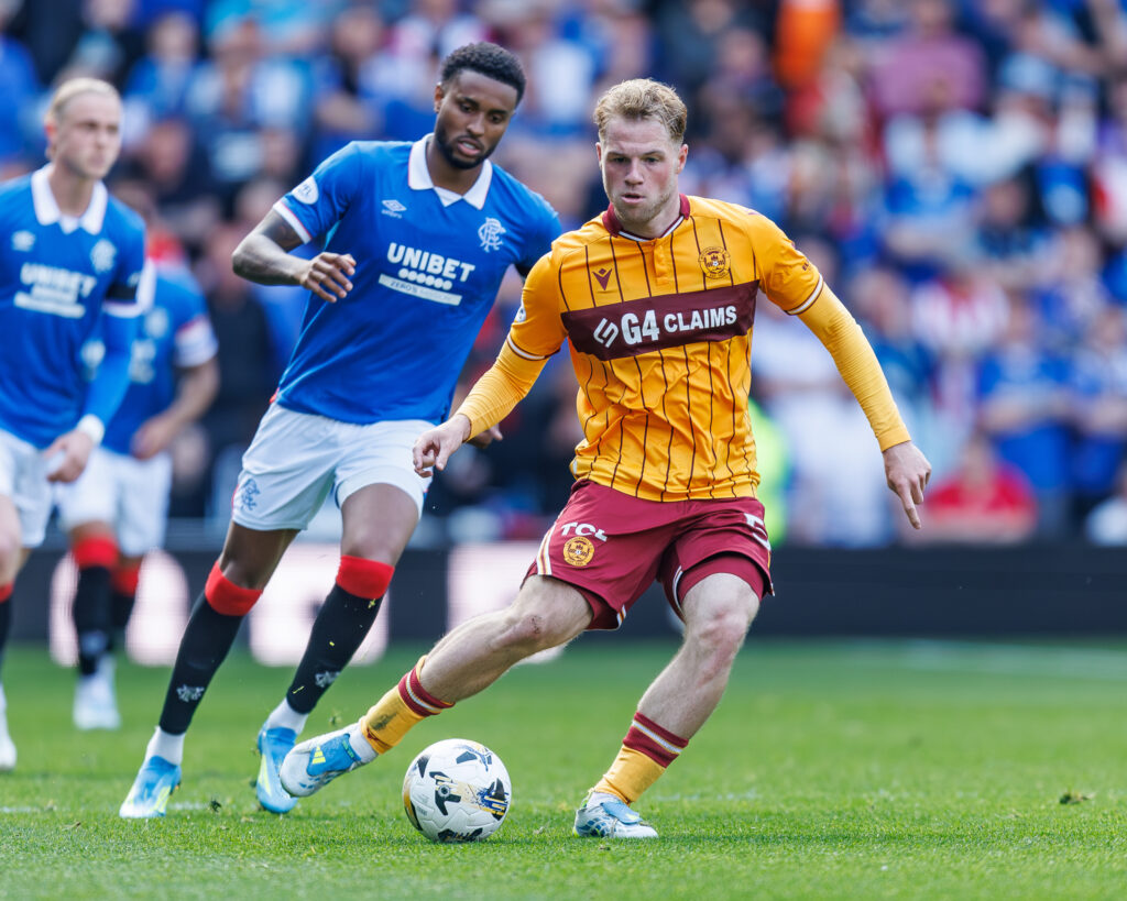 Celtic loanee Stephen Welsh in action for Motherwell against Rangers at Ibrox in the William Hill Premiership